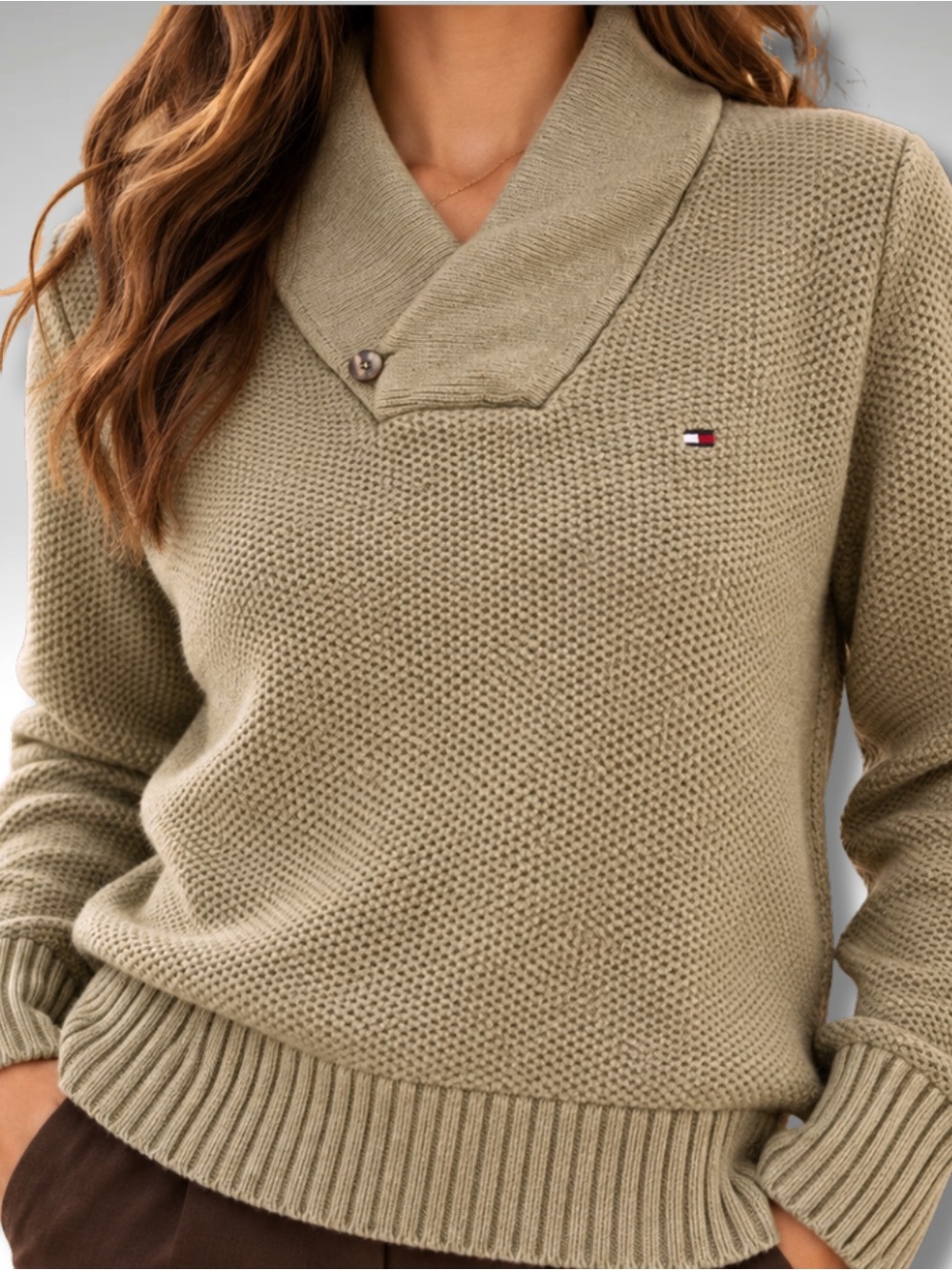 Tommy Hilfiger Khaki Shawl Collar Waffle Knit Puma Cotton Sweater